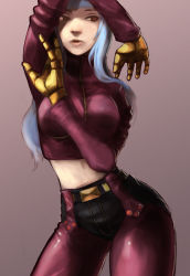 Rule 34 | 1girl, bad id, bad pixiv id, blue hair, gloves, hime cut, kula diamond, long hair, navel, pants, red eyes, simple background, snk, solo, steward b, the king of fighters