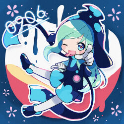 Rule 34 | 1boy, aqua hair, blue eyes, blue footwear, blue headwear, blue jumpsuit, blush stickers, drooling, ecolo (puyopuyo), full body, gloves, heart, heart-shaped pupils, highres, jumpsuit, kashima miyako, long hair, male focus, mouth drool, pointing, pointing at viewer, puyopuyo, puyopuyo 7, solo, symbol-shaped pupils, trap, unusual ecolo, very long hair, white gloves