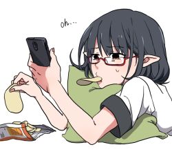 Rule 34 | 1girl, bespectacled, black hair, cellphone, chips (food), cushion, food, glasses, image sample, lying, mouth hold, on stomach, phone, pointy ears, red-framed eyewear, red eyes, shameimaru aya, shirt, short hair, short sleeves, simple background, solo, sweatdrop, text focus, touhou, toujou (toujou ramen), white background