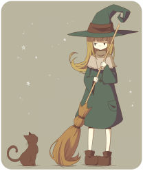 Rule 34 | 1girl, blonde hair, blunt bangs, broom, cat, chaki (chakan), flat color, glaring, hat, original, pigeon-toed, silhouette, solo, star (symbol), sweeping, witch, witch hat