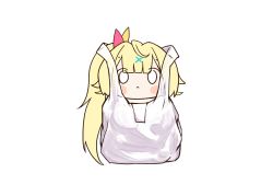 Rule 34 | 1girl, :&lt;, absurdres, bag, blank eyes, blonde hair, blush stickers, closed mouth, hair ornament, hair ribbon, highres, hoshikawa sara, in container, long hair, looking at viewer, nijisanji, o o, plastic bag, ribbon, side ponytail, simple background, solo, tuna sashimi, virtual youtuber, white background, white eyes, x hair ornament