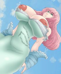 Rule 34 | 1girl, absurdres, areola slip, ass, bare shoulders, blue eyes, breasts, breasts out, cleavage cutout, clothing cutout, cloud, cloudy sky, curvy, dress, female focus, gloves, goddess robe, highres, huge ass, large breasts, nanatsu no taizai, nerobasta, nipple slip, nipples, no wings, pale skin, pink hair, sky, solo, standing