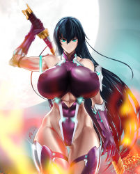 Rule 34 | 1girl, artist request, bare shoulders, black hair, blue hair, blush, bodysuit, breasts, breasts apart, cameltoe, covered navel, curvy, green eyes, highleg, highleg leotard, highres, huge breasts, igawa asagi, leotard, lips, long hair, looking at viewer, night, night sky, official alternate costume, revealing clothes, shiny clothes, shiny skin, simple background, skin tight, sky, smile, solo, taimanin (series), taimanin asagi, taimanin rpgx, thong leotard, wide hips
