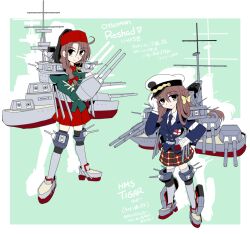 Rule 34 | 2girls, battlecruiser, battleship, blue jacket, boots, braid, brown hair, cannon, character name, commentary request, double bun, fez hat, gloves, green jacket, grey eyes, hair bun, hair over shoulder, hat, hms erin (battleship), hms tiger (battlecruiser), jacket, kantai collection, kieyza, kilt, long hair, long sleeves, mast, military, military uniform, military vehicle, miniskirt, multiple girls, original, peaked cap, personification, red headwear, red skirt, rigging, royal navy, ship, single braid, skirt, smile, smokestack, standing, thigh boots, translation request, turret, typo, uniform, warship, watercraft, white ensign, white gloves, world war i