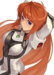 Rule 34 | 1girl, arms behind head, arms up, asagi (banzoku210), closed mouth, crossed arms, dress, elhaym van houten, gloves, highres, light smile, long hair, orange hair, pantyhose, simple background, solo, standing, stretching, twitter username, uniform, very long hair, white background, xenogears