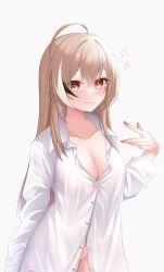 Rule 34 | 1girl, ahoge, alternate costume, breasts, brown eyes, brown hair, cleavage, cowboy shot, dress shirt, highres, hololive, hololive english, huge ahoge, large breasts, long hair, looking at viewer, multicolored hair, nail polish, naked shirt, nanashi mumei, oversized clothes, partially unbuttoned, see-through, shirt, smile, solo, sparkle, streaked hair, unmeidesu, v, very long hair, virtual youtuber, white background