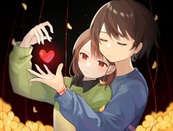 Rule 34 | 2others, androgynous, blue shirt, brown hair, chara (undertale), closed eyes, closed mouth, collared shirt, falling petals, flower, frisk (undertale), green sweater, heart, leaning on person, multiple others, nano mochi, pale skin, petals, red eyes, shirt, short hair, side-by-side, string, striped clothes, striped shirt, striped sweater, sweater, thread, undertale, yellow flower, yellow leaves
