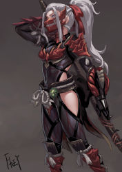 Rule 34 | 1girl, armor, black gloves, blue eyes, bodysuit, boots, character request, check copyright, copyright request, fkey, gloves, grey background, hand up, highres, holding, holding polearm, holding weapon, japanese armor, mask, monster hunter (series), mouth mask, odogaron (armor), polearm, ponytail, rope, shimenawa, sidelocks, simple background, solo, weapon, white hair