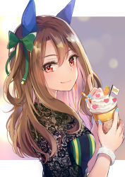 Rule 34 | 1girl, animal ears, blue nails, blush, bow, bracelet, breasts, brown hair, carrot, casual, closed mouth, colored stripes, fingernails, frappuccino, from side, glint, green bow, hair bow, heart, highres, horse ears, index finger raised, jewelry, king halo (umamusume), konka, lace, long fingernails, long hair, long sleeves, looking at viewer, looking to the side, medium breasts, nail polish, one side up, red eyes, solo, striped, umamusume, upper body