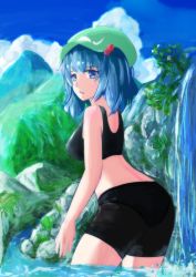 Rule 34 | 1girl, ass, bare shoulders, bike shorts, black panties, blue eyes, blue hair, blue sky, blush, breasts, cabbie hat, cloud, cloudy sky, cowboy shot, crop top, day, flower, from behind, grass, green hat, hair bobbles, hair ornament, hat, highres, kawashiro nitori, looking at viewer, looking back, matching hair/eyes, medium breasts, midriff, moss, mountain, open mouth, outdoors, panties, panties under bike shorts, partially submerged, plant, river, rock, saitamawan, short hair, sky, solo, stone, thighs, touhou, two side up, underwear, wading, water, waterfall