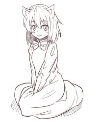 Rule 34 | 1girl, animal ears, bow, cat ears, chen, looking at viewer, monochrome, no headwear, short hair, simple background, sitting, smile, solo, taka (taka wo kukuru), touhou, v arms, white background