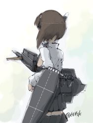 Rule 34 | 10s, 1girl, 4suke, black skirt, black thighhighs, bow (weapon), brown hair, crossbow, flight deck, from behind, headband, kantai collection, long hair, long sleeves, miniskirt, pleated skirt, sidelocks, simple background, skirt, solo, taihou (kancolle), thighhighs, twitter username, weapon, white background, zettai ryouiki