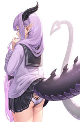 Rule 34 | 1girl, ass, black horns, black sailor collar, black skirt, braid, clothes lift, commentary request, from behind, highres, horns, lifted by tail, long hair, original, panties, pleated skirt, pointy ears, purple eyes, purple hair, purple panties, sailor collar, school uniform, simple background, single braid, skirt, skirt lift, solo, suraimu (suraimuraimu), tail, thighs, underwear, very long hair, white background