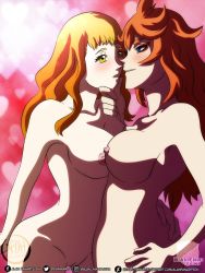 Rule 34 | 2girls, age difference, black clover, blue eyes, blush, breasts, cousins, green eyes, heart, heart background, incest, long hair, looking at another, mereoleona vermillion, mimosa vermillion, multiple girls, nipples, nude, open mouth, orange hair, pussy, thigh gap, waist grab, watermark, yuri