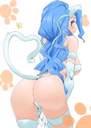 Rule 34 | 1girl, animal ears, animal hands, animal print, ass, ass focus, big hair, blue eyes, blue hair, breasts, bug, butterfly, capcom, cat ears, cat paws, cat print, cat tail, elbow gloves, felicia (vampire), gloves, hip focus, insect, legs, long hair, looking back, matching hair/eyes, minakami (flyingman555), sideboob, solo, sweat, sweatdrop, tail, thighhighs, vampire (game), white background