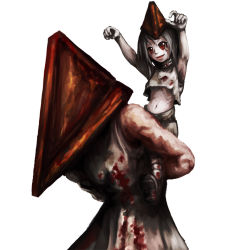 Rule 34 | 1boy, 1girl, age difference, bad id, bad pixiv id, blood, carrying, child, father and daughter, helmet, piggyback, pyramid head, red eyes, silent hill, silent hill (series), silent hill 2, simple background, thoma+, too tatsu, what, white background