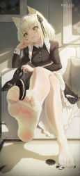 Rule 34 | 1girl, animal ears, arknights, black dress, black ribbon, blush, breasts, chinese commentary, commentary request, cookie, crossed legs, dress, english text, feet, food, foot focus, holding with feet, unworn footwear, full body, green eyes, hair ribbon, highres, holding, holding shoes, icecake, juliet sleeves, kal&#039;tsit (arknights), long sleeves, looking at viewer, medium breasts, no shoes, oreo, pantyhose, puffy sleeves, ribbon, sandwich cookie, shoes, unworn shoes, sitting, soles, solo, toes, white hair, white pantyhose
