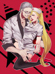 Rule 34 | 1boy, 1girl, :p, age difference, arms behind back, bdsm, bespectacled, black nails, black thighhighs, blonde hair, blue eyes, bondage, bound, bound arms, earrings, formal, garter straps, glasses, gon (er4gu3), hair ornament, hair slicked back, hairclip, hat, hetero, hidan (naruto), high heels, jewelry, long hair, looking at viewer, nail polish, naruto (series), naruto shippuuden, nurse, nurse cap, ponytail, purple eyes, shoes, silver hair, smirk, suit, thighhighs, thighs, tongue, tongue out, very long hair, yamanaka ino