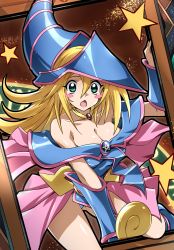 Rule 34 | 1girl, absurdres, bare shoulders, blonde hair, blue footwear, blush stickers, boots, breasts, cleavage, collarbone, commentary request, dark magician girl, green eyes, hair between eyes, hat, highres, large breasts, long hair, looking at viewer, open mouth, shiny skin, solo, star (symbol), tokiani, tongue, wizard hat, yu-gi-oh!