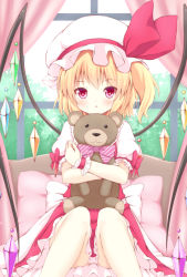 Rule 34 | 1girl, blonde hair, commentary request, hugging doll, dress, flandre scarlet, hakuto (28syuku), hat, hat ribbon, looking at viewer, mob cap, hugging object, pink eyes, puffy short sleeves, puffy sleeves, red dress, ribbon, shirt, short sleeves, side ponytail, sitting, solo, stuffed animal, stuffed toy, teddy bear, touhou, window, wings, wrist cuffs