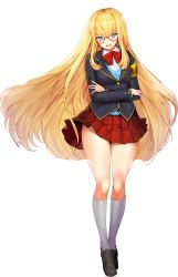 Rule 34 | 1girl, aqua cardigan, armband, black footwear, black jacket, blonde hair, blue eyes, blush, buttons, cardigan, cardinal armand, crossed arms, full body, game cg, glasses, highres, jacket, kanji, kneehighs, last origin, loafers, long hair, miniskirt, neck ribbon, official alternate costume, official art, open mouth, pleated skirt, red-framed eyewear, red ribbon, red skirt, ribbon, round eyewear, school uniform, shirt, shoes, sidelocks, skirt, snowball22, socks, solo, tachi-e, thick thighs, thighs, transparent background, very long hair, white shirt, white socks