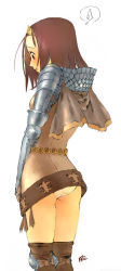 Rule 34 | 1girl, armor, ass, back, blush, boots, brown eyes, brown hair, cape, circlet, covering privates, covering crotch, embarrassed, fantasy, female focus, from behind, gauntlets, kanda (ura-kanda), knight (ragnarok online), long image, panties, pantyshot, ragnarok online, short hair, simple background, skirt, skirt tug, solo, speech bubble, spoken sweatdrop, sweatdrop, tall image, thigh boots, thighhighs, underwear, upskirt, water drop, white background, white panties