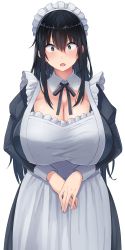 Rule 34 | 1girl, absurdres, apron, black hair, blue eyes, blush, breasts, cleavage, collar, highres, large breasts, long hair, looking at viewer, maid, maid apron, maid headdress, natsuishi nana, necktie, open mouth, original, shiny skin, sidelocks, simple background, solo, surprised, white background