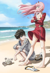 Rule 34 | 1boy, 1girl, albyee, aqua eyes, bare legs, beach, belt, black hair, blue sky, breasts, buttons, cleavage, cloud, cloudy sky, collared shirt, commentary, crab, crossed arms, darling in the franxx, day, double-breasted, english commentary, feet, floating hair, full body, grey shirt, grey shorts, hairband, highres, hiro (darling in the franxx), horns, long sleeves, looking at another, medium breasts, military uniform, no legwear, oni horns, open mouth, outdoors, partially unbuttoned, pink hair, red horns, red shirt, red skirt, shadow, shirt, shoes, unworn shoes, short hair, shorts, signature, skirt, sky, squatting, standing, swept bangs, teeth, thighs, toenails, toes, uniform, upper teeth only, white footwear, zero two (darling in the franxx)