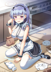Rule 34 | 1girl, accident, apron, azur lane, bag, bare arms, bare shoulders, black footwear, black skirt, breasts, broken plate, clothing cutout, cuffs, dido (azur lane), frilled shirt, frilled skirt, frills, frown, hairband, hand up, handcuffs, high heels, highres, kitchen, large breasts, long hair, looking at viewer, lu b, maid, maid apron, miniskirt, open mouth, paper bag, pink eyes, plate, pleated skirt, pumps, see-through, shadow, shirt, silver hair, sitting, skirt, sleeveless, sleeveless shirt, solo, thighhighs, underboob, underboob cutout, waist apron, wariza, wavy mouth, wet, wet clothes, wet shirt, white shirt, white thighhighs, zettai ryouiki
