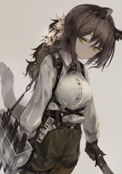Rule 34 | 1girl, absurdres, animal ears, animal hands, arknights, bag, black necktie, black pantyhose, black shorts, breasts, brown hair, collared shirt, commentary request, cowboy shot, cross tie, freckles, grey background, highres, holding, holding knife, knife, long sleeves, looking at viewer, multicolored hair, necktie, pantyhose, pantyhose under shorts, ponytail, raccoon ears, raccoon girl, raccoon tail, robin (arknights), shirt, shorts, shoulder bag, sidelocks, simple background, small breasts, solo, streaked hair, tail, trrcmb, white hair, yellow eyes