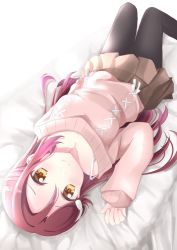 Rule 34 | 1girl, black pantyhose, brown skirt, casual, closed mouth, hair ornament, hairclip, half updo, long hair, looking at viewer, love live!, love live! sunshine!!, lying, miniskirt, on back, on bed, pantyhose, pink sweater, pleated skirt, red hair, sakura4620, sakurauchi riko, skirt, sleeves past wrists, smile, solo, sweater, upside-down, yellow eyes