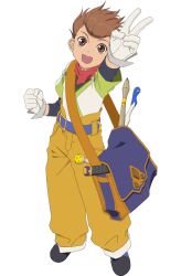Rule 34 | 1boy, bag, brown hair, child, commentary, english commentary, full body, gloves, highres, karol capel, male focus, official art, open mouth, shoes, shoulder bag, smile, solo, tales of (series), tales of asteria, tales of vesperia, transparent background, v, white gloves
