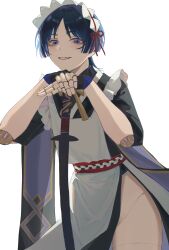Rule 34 | 1boy, alternate costume, apron, blue eyes, blue hair, crossdressing, doll joints, enmaided, genshin impact, highres, holding, holding sword, holding weapon, joints, looking at viewer, maid, maid headdress, male focus, megumui 9, scaramouche (genshin impact), simple background, solo, sword, trap, wa maid, weapon, white apron, white background, wide sleeves