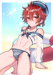 Rule 34 | 1boy, alexander (fate), arm support, bikini, blue bikini, blush, border, braid, braided ponytail, bulge, collarbone, commentary request, crossdressing, fate/grand order, fate (series), flat chest, full body, hair between eyes, hat, highres, innertube, kawasemi (pocorit), kneeling, leaning back, looking at viewer, male focus, navel, puckered lips, red eyes, red hair, sailor hat, see-through, see-through sleeves, shiny skin, solo, striped bikini, striped clothes, swim ring, swimsuit, thighs, trap, twitter username, white bikini, white border