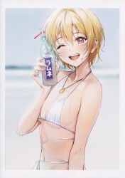 Rule 34 | 1girl, absurdres, ame (uten cancel), bare shoulders, bikini, blonde hair, blurry, blurry background, blush, bottle, breasts, collarbone, day, drinking straw, earrings, fingernails, head tilt, highres, holding, idolmaster, idolmaster shiny colors, jewelry, lips, looking at viewer, navel, necklace, one eye closed, outdoors, plastic bottle, red eyes, ring, ring necklace, saijo juri, scan, short hair, simple background, small breasts, smile, soda bottle, solo, stomach, swimsuit, teeth, upper body, upper teeth only, water, water drop