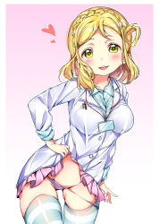 Rule 34 | 10s, 1girl, :d, blonde hair, blush, braid, clothes lift, collared shirt, crown braid, dress, dress lift, hair ornament, hair rings, hairpin, heart, highres, jacket, joptr06, long sleeves, looking at viewer, love live!, love live! school idol festival, love live! sunshine!!, miniskirt, name tag, ohara mari, open mouth, panties, pink background, pink skirt, shirt, skirt, skirt lift, smile, solo, striped clothes, striped thighhighs, thighhighs, underwear, white jacket, yellow eyes