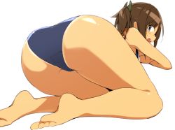 Rule 34 | 10s, 1girl, ass, bad id, bad pixiv id, brown eyes, brown hair, dark skin, dark-skinned female, from behind, fuji-yama, i-401 (kancolle), kantai collection, looking at viewer, looking back, open mouth, ponytail, sailor collar, school swimsuit, school uniform, serafuku, short hair, short ponytail, solo, surprised, swimsuit, swimsuit under clothes