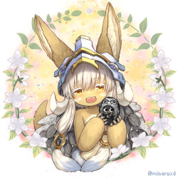 Rule 34 | 1other, animal ears, blackcat (blackcatbox), blush, brown fur, commentary request, confetti, fangs, flower, furry, gift art, grey hair, hands up, helmet, holding, horizontal pupils, looking at viewer, made in abyss, nanachi (made in abyss), open mouth, other focus, outside border, round image, smile, solo, teeth, topless, twitter username, upper body, upper teeth only, watermark, whiskers, white flower, yellow eyes