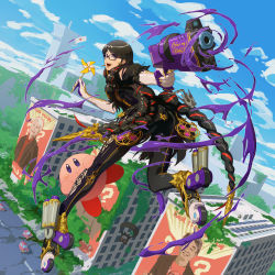 Rule 34 | 1girl, ;d, ? block, aiming, aiming at viewer, aura, bayonetta, bayonetta (series), bayonetta 3, black-framed eyewear, blue sky, building, car, charles martinet, city, cloud, commentary, company connection, crossover, day, english commentary, envelope, glasses, gun, handgun, highres, holding, holding gun, holding weapon, hugging another&#039;s leg, kirby, kirby (series), kirby and the forgotten land, looking at viewer, mario (series), midair, miyamoto shigeru, motor vehicle, multiple crossover, ninji (mario), nintendo, one eye closed, open mouth, outdoors, pinwheel, poster (object), real life, roller skates, ruins, skates, sky, skyscraper, smash invitation, smile, stup-jam, super smash bros., teeth, upper teeth only, weapon