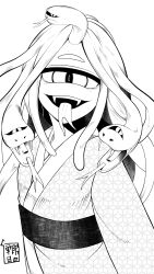 1girl cyclops greyscale highres japanese_clothes kimono long_hair looking_at_viewer monochrome one-eyed open_mouth original snake_hair solo standing tongue tongue_out upper_body yakochu