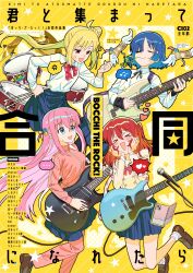 Rule 34 | &gt; &lt;, 4girls, absurdres, anger vein, banknote, blonde hair, blue eyes, blue hair, blue skirt, blush, bocchi the rock!, brown eyes, brown footwear, cellphone, closed eyes, closed mouth, collared shirt, cube hair ornament, drum, drumsticks, eighth note, electric guitar, gotoh hitori, guitar, hair between eyes, hair ornament, highres, holding, holding drumsticks, holding instrument, ijichi nijika, instrument, jacket, jdge, kita ikuyo, long hair, long sleeves, microphone, microphone stand, mole, mole under eye, money, multiple girls, music, musical note, one side up, open mouth, pants, phone, pink hair, pink jacket, pink pants, playing instrument, pleated skirt, red hair, sailor collar, school uniform, second-party source, shirt, shoes, short hair, shuka high school uniform, skirt, smartphone, smile, spoken anger vein, spoken musical note, track jacket, white shirt, yamada ryo