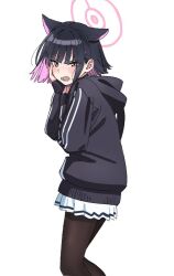 Rule 34 | 1girl, angry, animal ears, black choker, black hair, black hoodie, black jacket, black pantyhose, blue archive, blush, cat ears, cat girl, choker, colored inner animal ears, colored inner hair, extra ears, flustered, halo, hand on own chest, hand to own mouth, hood, hood down, hooded jacket, hoodie, jacket, kazusa (blue archive), long sleeves, looking at viewer, multicolored hair, pantyhose, pink hair, pink halo, pleated skirt, red eyes, scowl, short hair, shy, simple background, skirt, solo, tada no saitou, two-tone hair, white background, white skirt