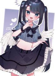 Rule 34 | 1boy, :d, angel wings, black hair, blue eyes, blush, bow, bowtie, bracelet, center frills, crop top, eringikinono, feathered wings, frilled shirt collar, frilled skirt, frills, hair ribbon, halo, hand on own chin, highres, jewelry, long hair, low wings, male focus, narrowed eyes, navel, open mouth, original, ribbon, short sleeves, skirt, skirt hold, smile, smug, solo, trap, twintails, very long hair, wings, wrist belt