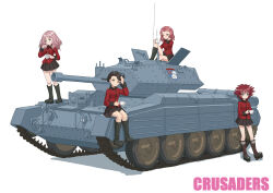 Rule 34 | 4girls, absurdres, against vehicle, black footwear, black hair, black skirt, boots, brown eyes, character name, commentary, cranberry (girls und panzer), crusader (tank), cup, earrings, emblem, finger to mouth, girls und panzer, green eyes, grey eyes, hair over one eye, hand in own hair, highres, holding, holding cup, jacket, jewelry, knee boots, knee up, leaning back, long hair, long sleeves, looking at viewer, makeup, mascara, military uniform, military vehicle, miniskirt, motor vehicle, multiple girls, peach (girls und panzer), pink hair, pleated skirt, qgkmn541, red hair, red jacket, rosehip (girls und panzer), short hair, sitting, skirt, st. gloriana&#039;s (emblem), st. gloriana&#039;s military uniform, standing, stud earrings, studded footwear, tank, teacup, uniform, vanilla (girls und panzer), wavy hair, white background