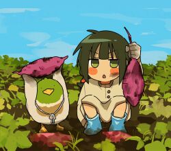 Rule 34 | 1girl, :&lt;, arm up, bird, blue footwear, blue sky, blush stickers, boots, commentary, day, dirty face, farm, field, food, full body, fuu (ozu (oz yarimasu)), gloves, green eyes, green hair, guu (ozu (oz yarimasu)), highres, holding, holding food, legs apart, long hair, looking at viewer, low twintails, open mouth, original, outdoors, ozu (oz yarimasu), short twintails, sidelocks, sky, squatting, sweet potato, symbol-only commentary, twintails, v-shaped eyebrows