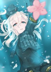 Rule 34 | 1girl, air bubble, alakoala, blonde hair, blue eyes, breasts, bubble, commentary request, covered navel, cropped jacket, flower, garrison cap, hat, headgear, highres, kantai collection, long hair, long sleeves, looking at viewer, open mouth, petals, puffy long sleeves, puffy sleeves, small breasts, smile, solo, u-511 (kancolle), underwater