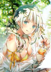 Rule 34 | 1girl, absurdres, bare shoulders, blouse, blurry, blurry background, blush, breasts, cleavage, cup, day, drinking glass, drinking straw, dsmile, green eyes, hair ornament, highres, holding, medium breasts, original, outdoors, scan, shiny skin, shirt, simple background, solo, tongue, tongue out, upper body, white shirt, x hair ornament
