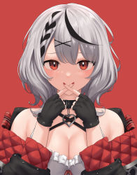 Rule 34 | absurdres, bare shoulders, black coat, black gloves, black hair, blush, braid, breasts, camisole, cleavage, coat, collar, covering own mouth, fingerless gloves, frills, gloves, hair ornament, hairclip, heart, highres, hololive, large breasts, long sleeves, multicolored hair, n9at, nail polish, off shoulder, open clothes, open coat, red background, red eyes, red nails, sakamata chloe, short hair, silver hair, simple background, solo, two-tone hair, upper body, virtual youtuber, x fingers, x hair ornament