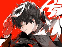 Rule 34 | 1boy, amamiya ren, black coat, black hair, coat, from side, gloves, hair between eyes, high collar, holding, holding mask, male focus, mask, persona, persona 5, profile, red background, red gloves, sawa2, simple background, smile, solo, upper body