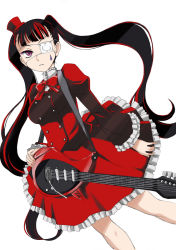 Rule 34 | 1girl, arisugawa nino, black hair, blunt bangs, bow, carrying, commentary request, dutch angle, electric guitar, eyepatch, facial tattoo, frilled skirt, frills, fukumenkei noise, guitar, hat, highres, holding, holding instrument, instrument, jacket, long hair, long sleeves, looking at viewer, medical eyepatch, medium skirt, mini hat, mini top hat, parted lips, purple eyes, red bow, red jacket, red skirt, shirt, skirt, solo, standing, tattoo, top hat, twintails, wan&#039;yan aguda, white background, white shirt, wide sleeves